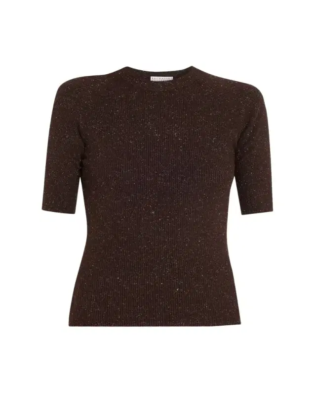 Brunello Cucinelli Metallic Rib Short-Sleeve Crewneck Sweater