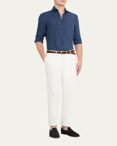 Brunello Cucinelli Men's Linen Spread Collar Button-Down Shirt | Thumbnail 2 Brunello Cucinelli Men's Linen Spread Collar Button-Down Shirt | Thumbnail 2