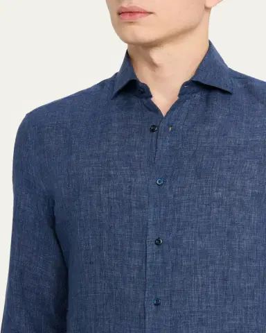 Brunello Cucinelli Men's Linen Spread Collar Button-Down Shirt | Thumbnail 5 Brunello Cucinelli Men's Linen Spread Collar Button-Down Shirt | Thumbnail 5