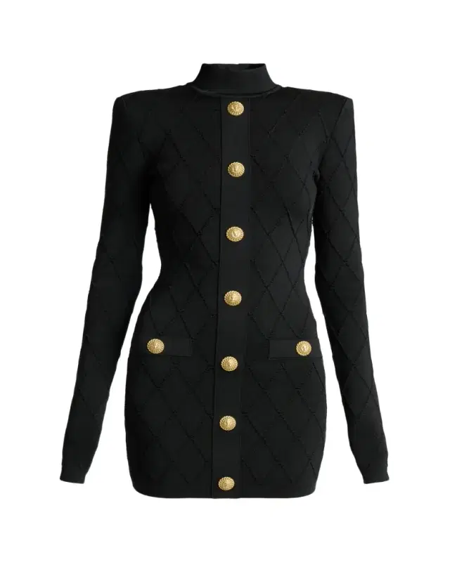 Long-Sleeve Buttoned Knit Mini Dress