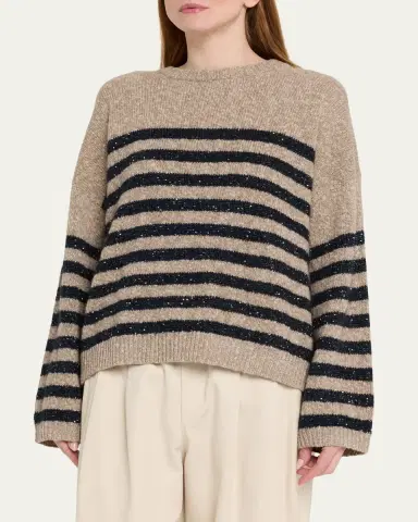 Brunello Cucinelli Shimmering Striped Wool-Cashmere Crewneck Sweater | Thumbnail 4 Brunello Cucinelli Shimmering Striped Wool-Cashmere Crewneck Sweater | Thumbnail 4