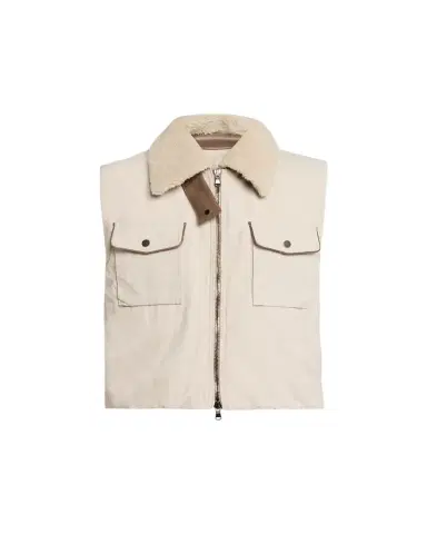 Brunello Cucinelli Lamb Shearling Collar Techno Satin Padded Vest | Thumbnail 1 Brunello Cucinelli Lamb Shearling Collar Techno Satin Padded Vest | Thumbnail 1