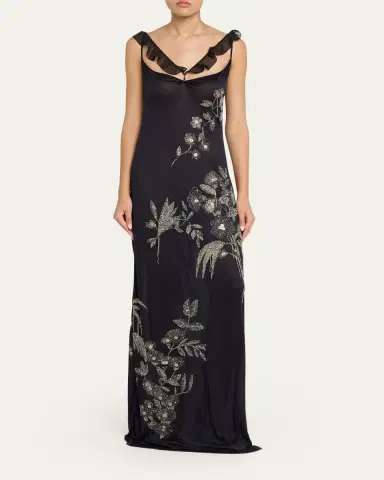 Wiederhoeft Embroidered Floral Silk Jersey Dress with Crystals | Thumbnail 2