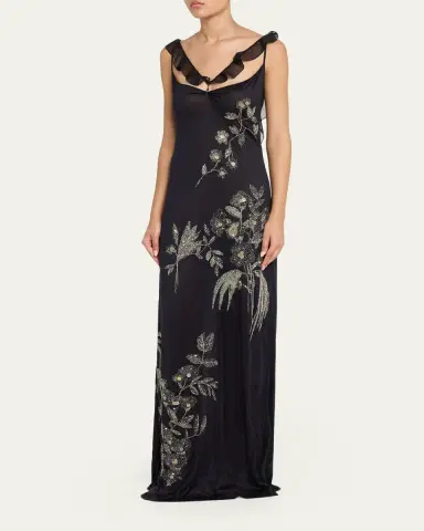 Wiederhoeft Embroidered Floral Silk Jersey Dress with Crystals | Thumbnail 4
