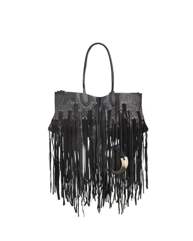 Manta Fringed Croc-Embossed Leather Shoulder Bag