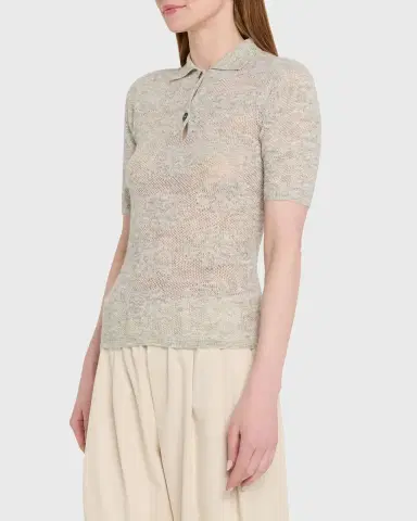 Brunello Cucinelli Lace-Effect Polo Short-Sleeve Sweater | Thumbnail 4