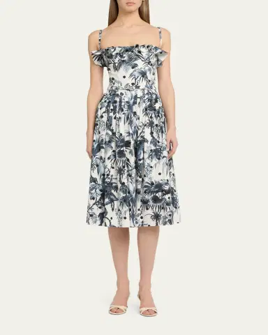 Oscar de la Renta Dotted Palm-Print Ruffle Sleeveless Midi Dress With Belt | Thumbnail 2 Oscar de la Renta Dotted Palm-Print Ruffle Sleeveless Midi Dress With Belt | Thumbnail 2