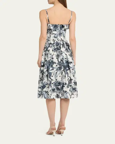 Oscar de la Renta Dotted Palm-Print Ruffle Sleeveless Midi Dress With Belt | Thumbnail 3 Oscar de la Renta Dotted Palm-Print Ruffle Sleeveless Midi Dress With Belt | Thumbnail 3