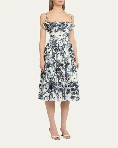Oscar de la Renta Dotted Palm-Print Ruffle Sleeveless Midi Dress With Belt | Thumbnail 4 Oscar de la Renta Dotted Palm-Print Ruffle Sleeveless Midi Dress With Belt | Thumbnail 4