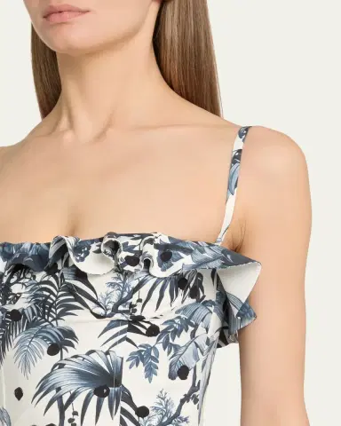 Oscar de la Renta Dotted Palm-Print Ruffle Sleeveless Midi Dress With Belt | Thumbnail 5 Oscar de la Renta Dotted Palm-Print Ruffle Sleeveless Midi Dress With Belt | Thumbnail 5