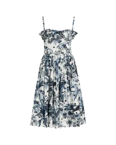 Oscar de la Renta Dotted Palm-Print Ruffle Sleeveless Midi Dress With Belt | Thumbnail 1 Oscar de la Renta Dotted Palm-Print Ruffle Sleeveless Midi Dress With Belt | Thumbnail 1