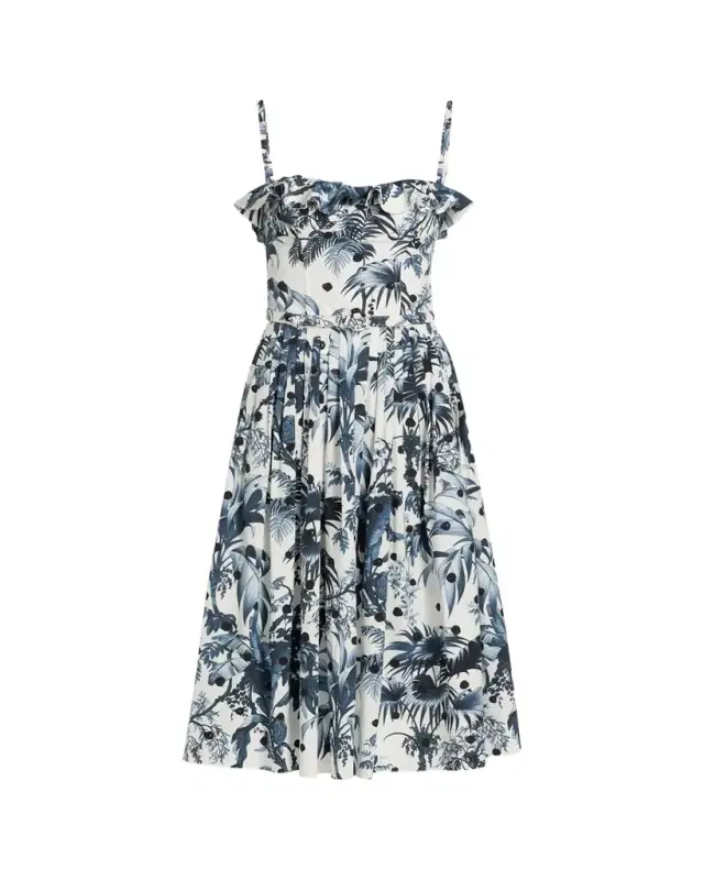 Dotted Palm-Print Ruffle Sleeveless Midi Dress With Belt