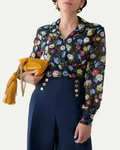 Carolina Herrera Isabella Rose-Print Silk Chiffon Button-Down Shirt | Thumbnail 4 Carolina Herrera Isabella Rose-Print Silk Chiffon Button-Down Shirt | Thumbnail 4