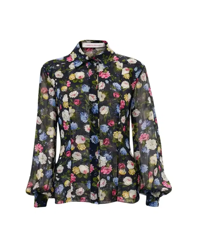 Carolina Herrera Isabella Rose-Print Silk Chiffon Button-Down Shirt