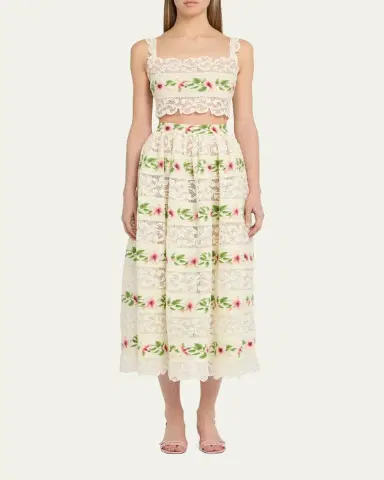 Oscar de la Renta Sleeveless Chine Hibiscus-Print Lace-Trim Crop Top | Thumbnail 2