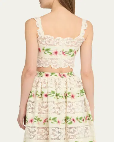 Oscar de la Renta Sleeveless Chine Hibiscus-Print Lace-Trim Crop Top | Thumbnail 3