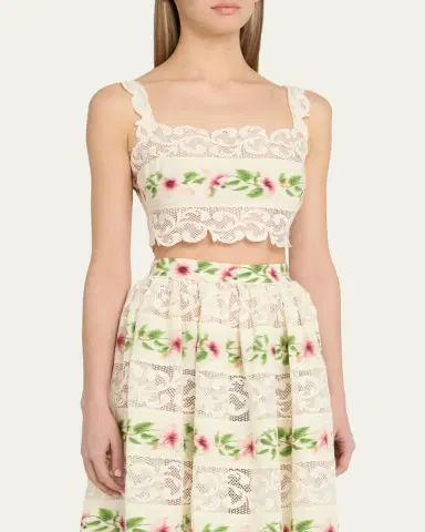Oscar de la Renta Sleeveless Chine Hibiscus-Print Lace-Trim Crop Top | Thumbnail 4