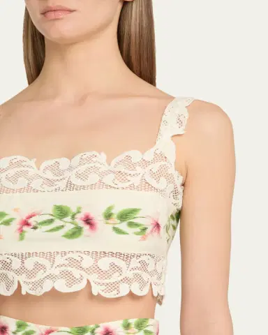 Oscar de la Renta Sleeveless Chine Hibiscus-Print Lace-Trim Crop Top | Thumbnail 5