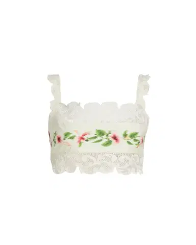 Oscar de la Renta Sleeveless Chine Hibiscus-Print Lace-Trim Crop Top | Thumbnail 1