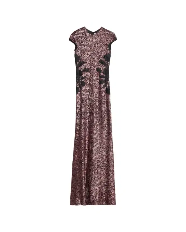 Naeem Khan Floral Applique Short-Sleeved Sequin Gown