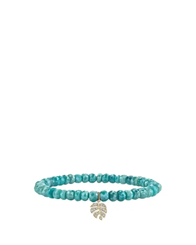 Sydney Evan 14K Diamond Monstera on Teal Quartz Bracelet