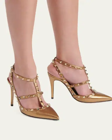 Valentino Garavani 100mm Rockstud Metallic Leather Ankle-Strap Pumps | Thumbnail 2