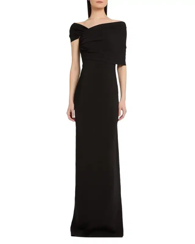 Asymmetric Draped Off-The-Shoulder Column Gown