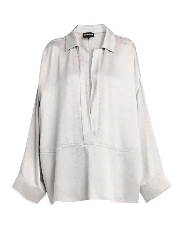 Giorgio Armani Hammered Satin Plunging Collared Shirt