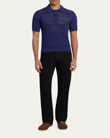 Alexander McQueen Men's Cotton Crochet Skull Openwork Short-Sleeve Polo Sweater | Thumbnail 2