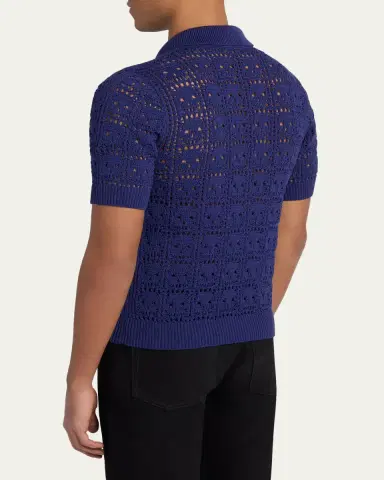 Alexander McQueen Men's Cotton Crochet Skull Openwork Short-Sleeve Polo Sweater | Thumbnail 3