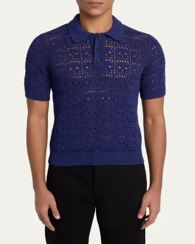 Alexander McQueen Men's Cotton Crochet Skull Openwork Short-Sleeve Polo Sweater | Thumbnail 4