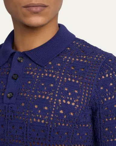 Alexander McQueen Men's Cotton Crochet Skull Openwork Short-Sleeve Polo Sweater | Thumbnail 5