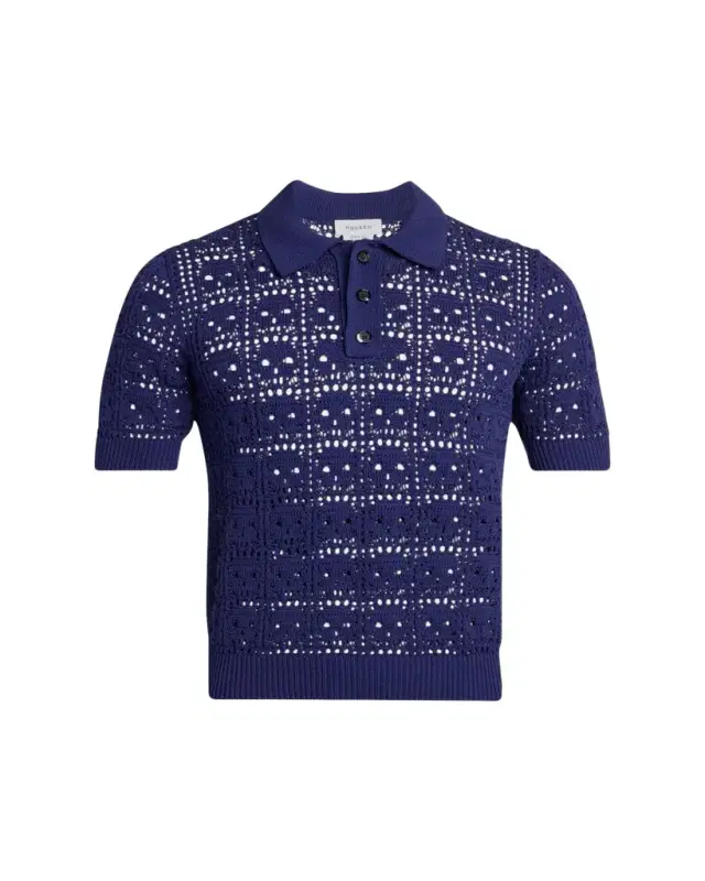 McQueen Men's Cotton Crochet Skull Openwork Short-Sleeve Polo Sweater