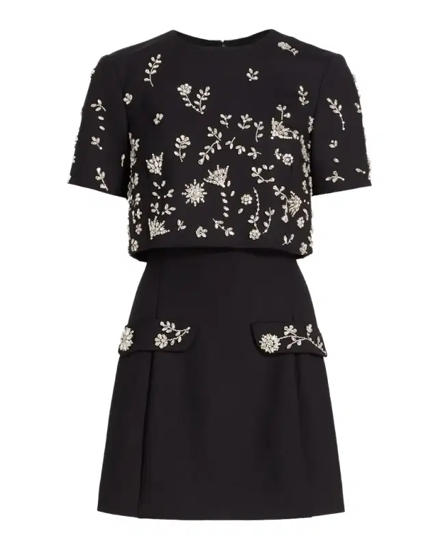 Oscar de la Renta Crystal Short-Sleeve Bolero Mini Dress