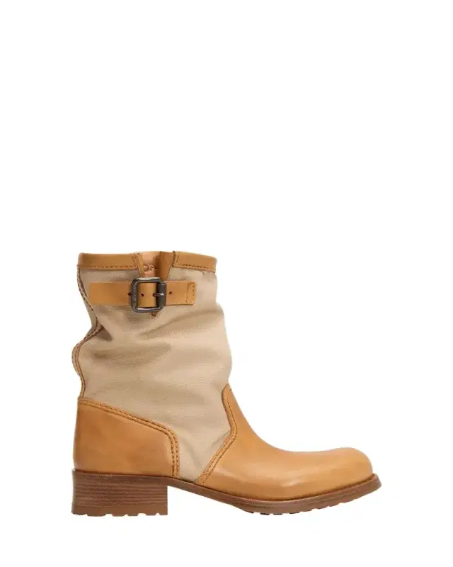 Leather and Canvas Biker Mid-Calf Boots