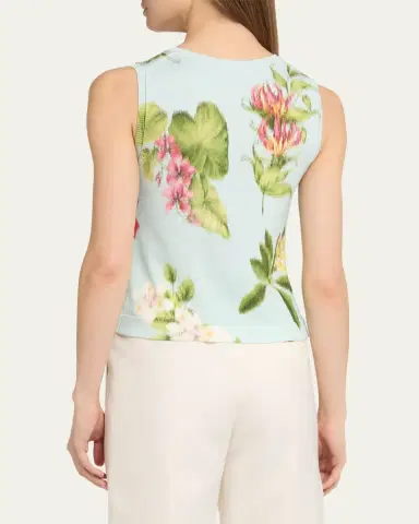 Oscar de la Renta Floral-Print Cotton Knit Sleeveless Top | Thumbnail 3