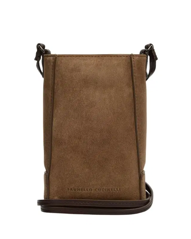 Brunello Cucinelli Mini Suede Phone Crossbody Bag with Monili Beading