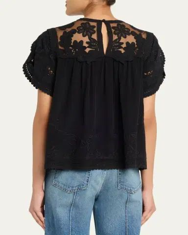 Ulla Johnson Alma Short-Sleeve Lace Silk Top | Thumbnail 3