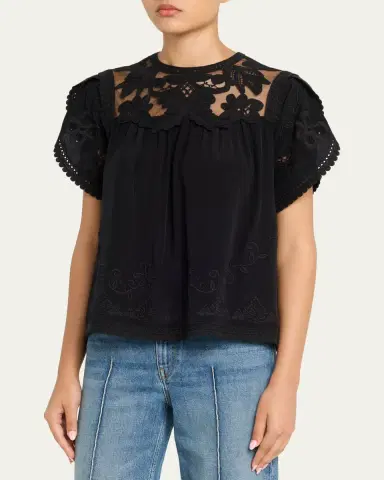 Ulla Johnson Alma Short-Sleeve Lace Silk Top | Thumbnail 4
