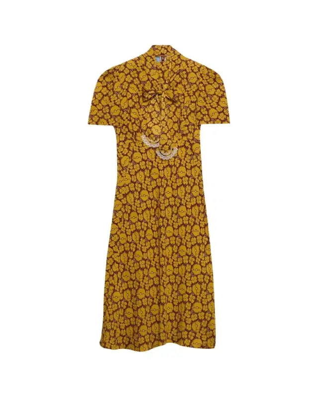 Prada Sable Floral Long Dress with Scarf Tie