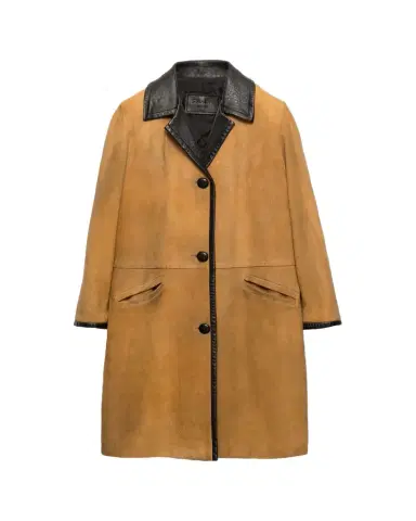 Prada Single-Breasted Suede Coat with Leather Trim | Thumbnail 1 Prada Single-Breasted Suede Coat with Leather Trim | Thumbnail 1