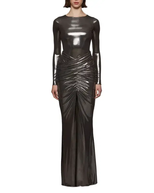 Stella Ruched Metallic Jersey Bodycon Gown