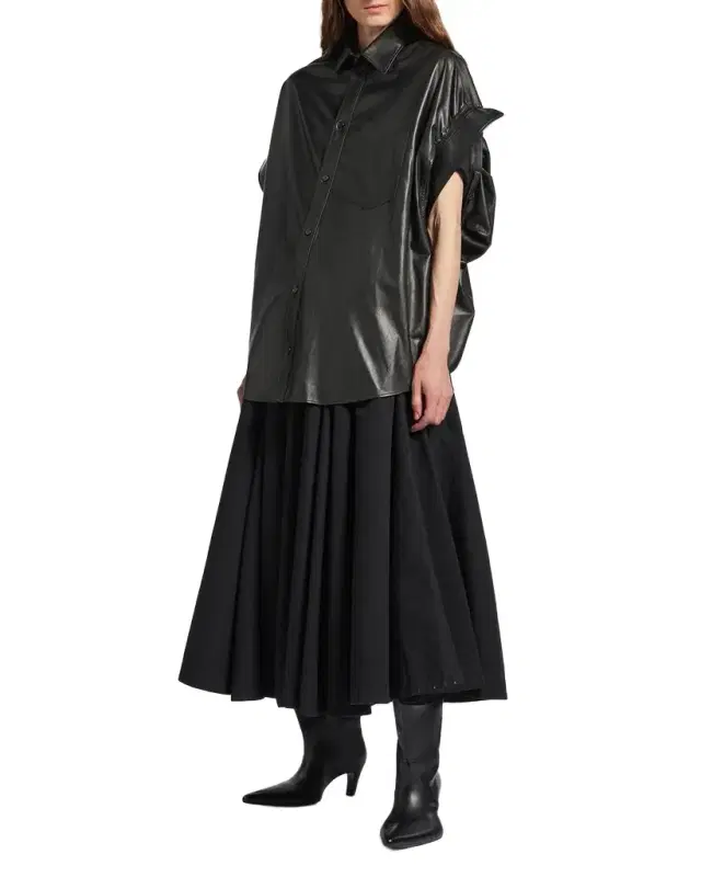 Leather Short-Sleeve Mini Shirtdress