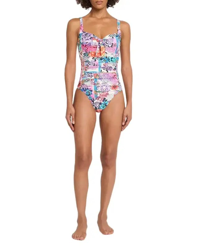 Johnny Was Kaleidoscope Patchwork Ruched One-Piece Swimsuit