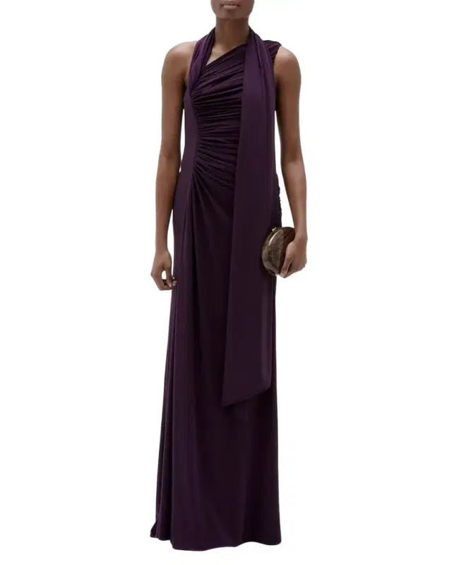 Ruched High-Slit Column Gown