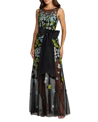 Mac Duggal Floral Embroidered Bow Appliqué Mesh Gown | Thumbnail 1 Mac Duggal Floral Embroidered Bow Appliqué Mesh Gown | Thumbnail 1
