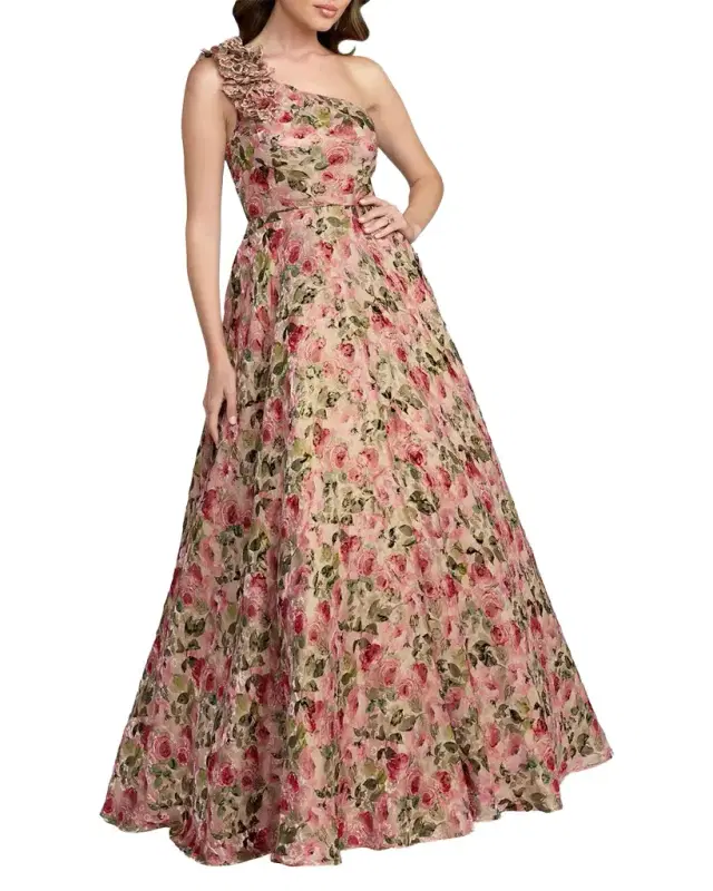 Mac Duggal Floral Organza Brocade One-Shoulder Gown