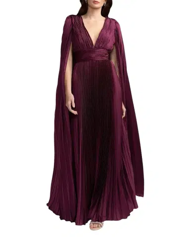 Mac Duggal Metallic Pleated Charmeuse Cape Gown | Thumbnail 1 Mac Duggal Metallic Pleated Charmeuse Cape Gown | Thumbnail 1