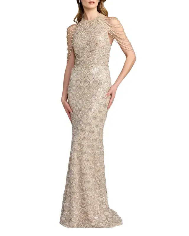 Embellished Draped Column Gown