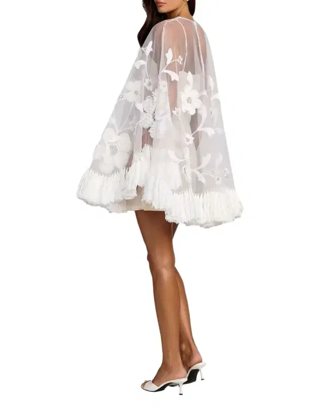 Mac Duggal Sheer Appliqué-Cape Mini Dress